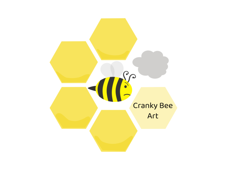 Logo for Cranky Bee Art website depicting a cranky bee in a yellow honeycomb with a cloud above her head. Text reads "Cranky Bee Art"