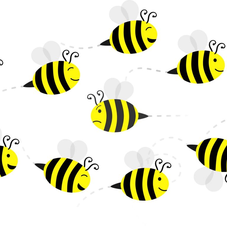 A swarm of friendly cartoon bees flying to the right, while a cranky-looking bee flies to the left.