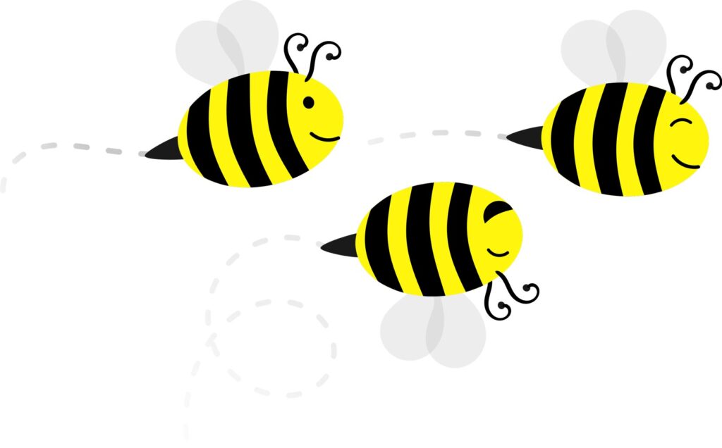 A group of happy bees flying together to the right