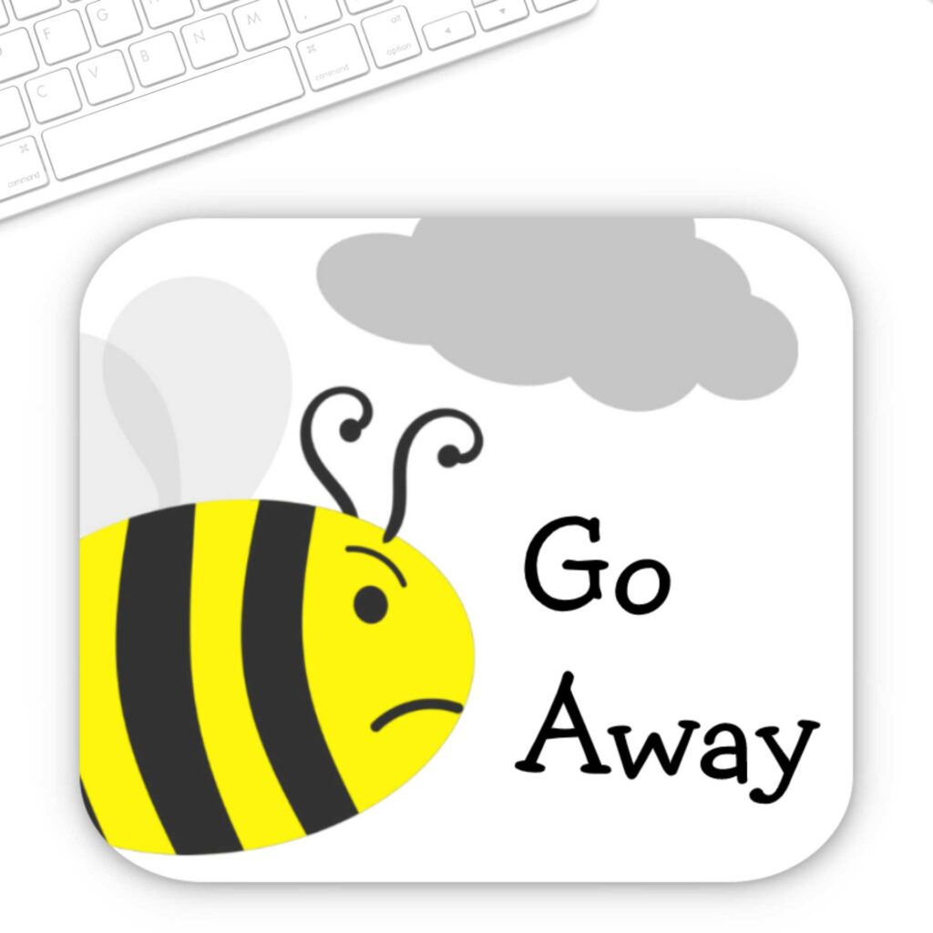Office and School Products cover image showing a cranky bee mousepad with the words, "Go Away"