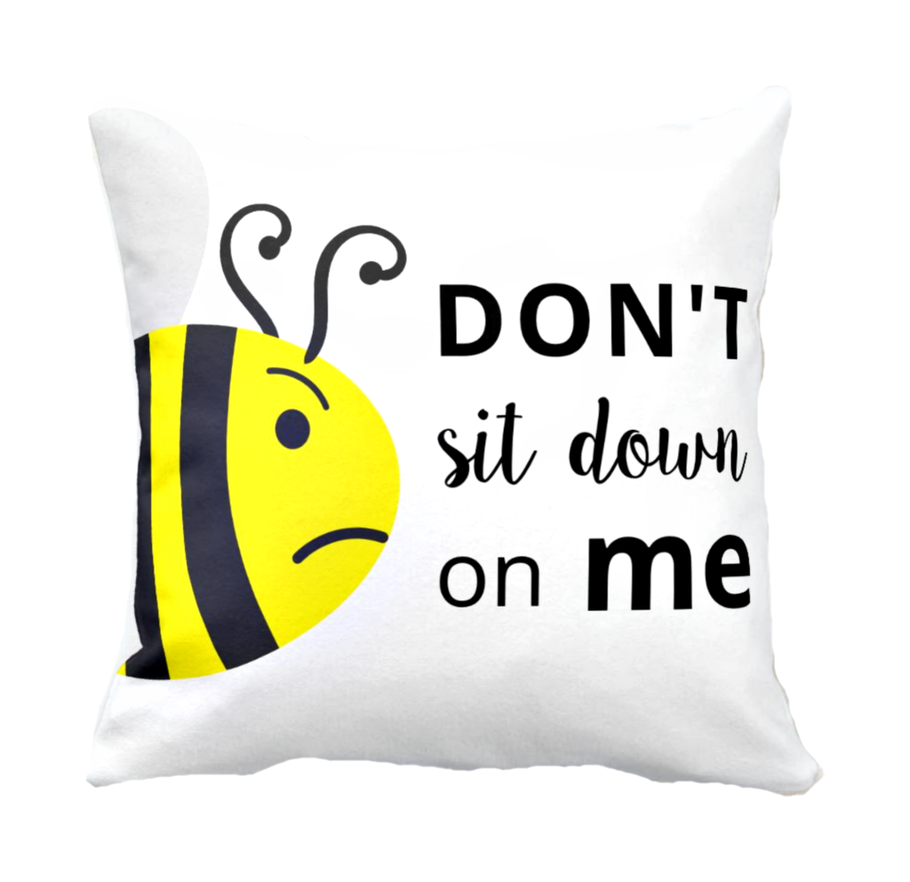 Throw pillow showing a cranky bee saying "Don't sit down on me"