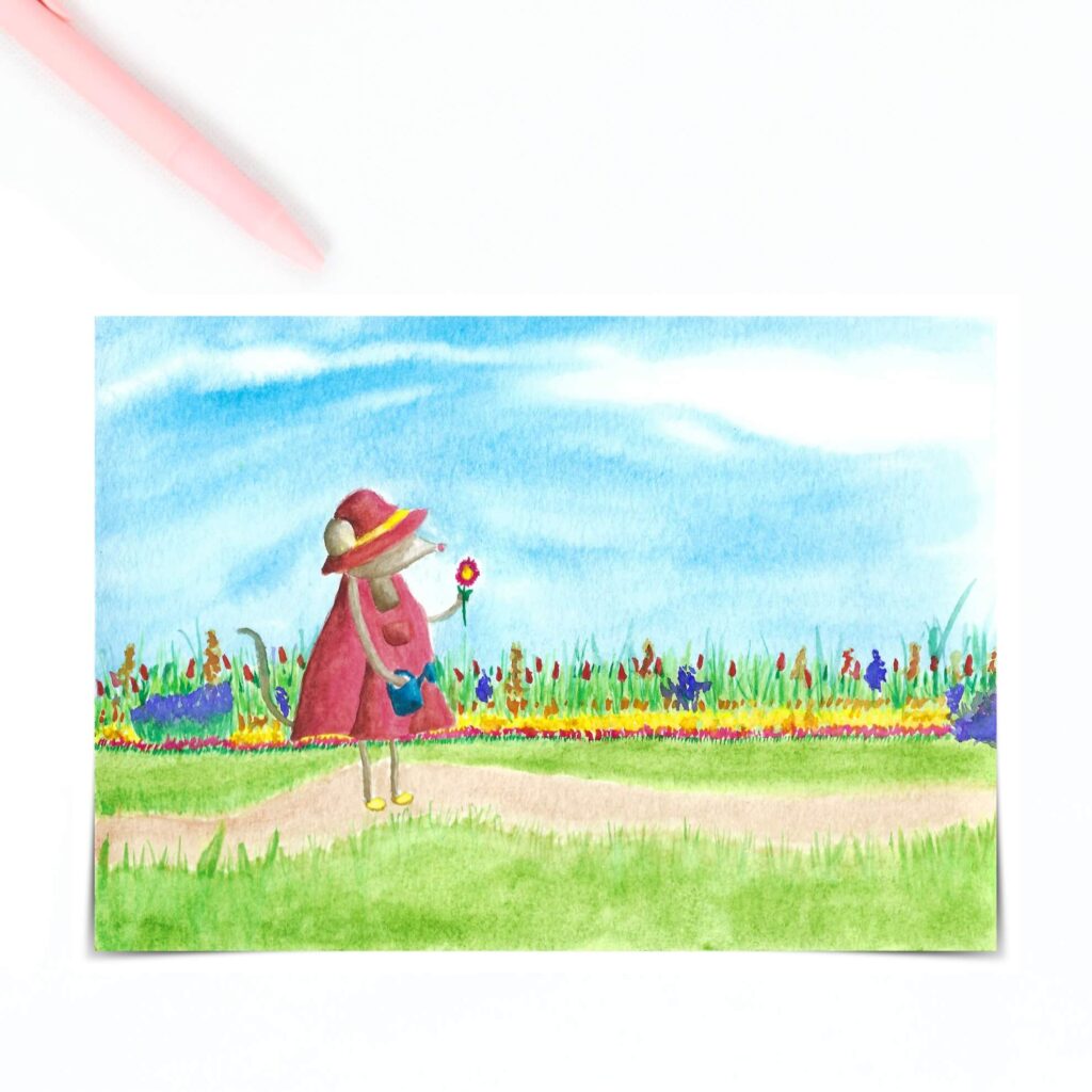 Cover photo for just because cards showing a cute mouse wearing a pink dress standing in a sunny flower garden.