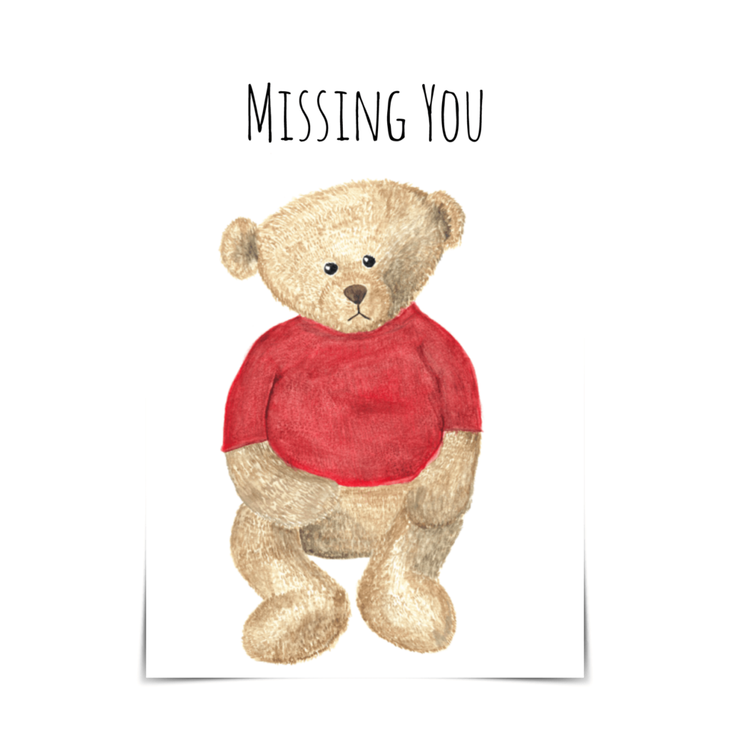 Cover Image for missing you category showing a sad bear wearing a red sweater with the words "Missing You"