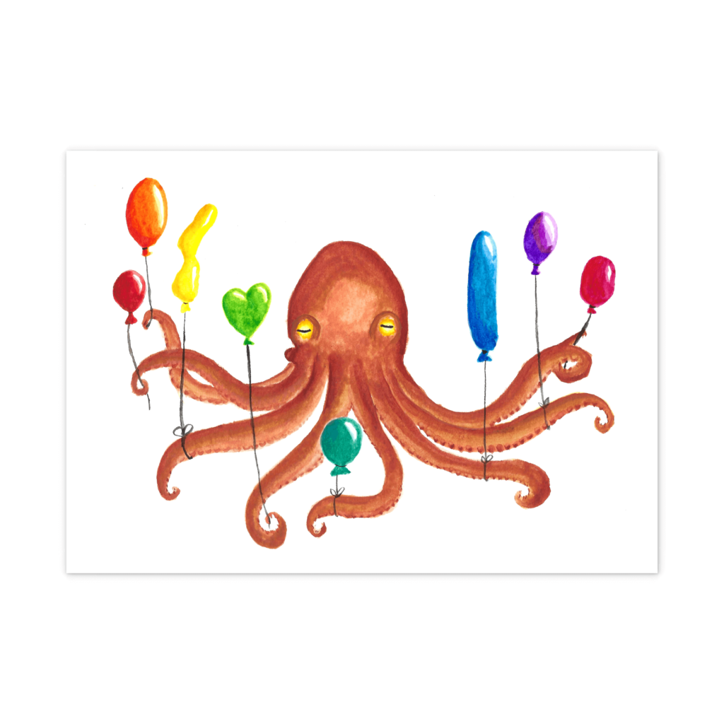 Cover photo for watercolour art prints showing a brown octopus holding eight colourful balloons in its arms.
