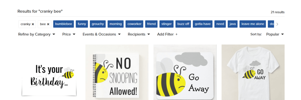 Search results on Zazzle, showing filters and keywords that you can choose